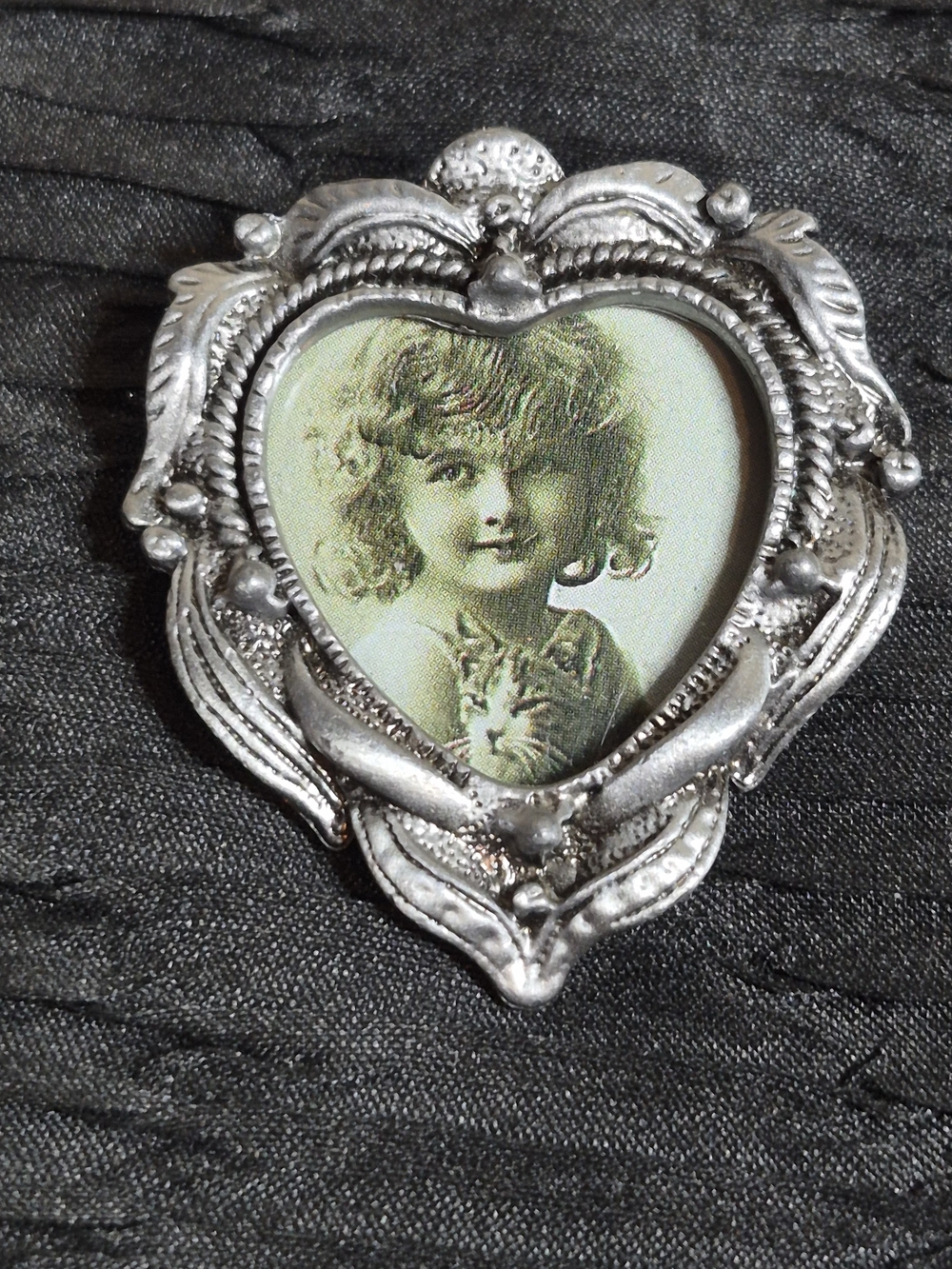 Vintage Victorian Revival Silver Heart Brooch Girl Holding Cat